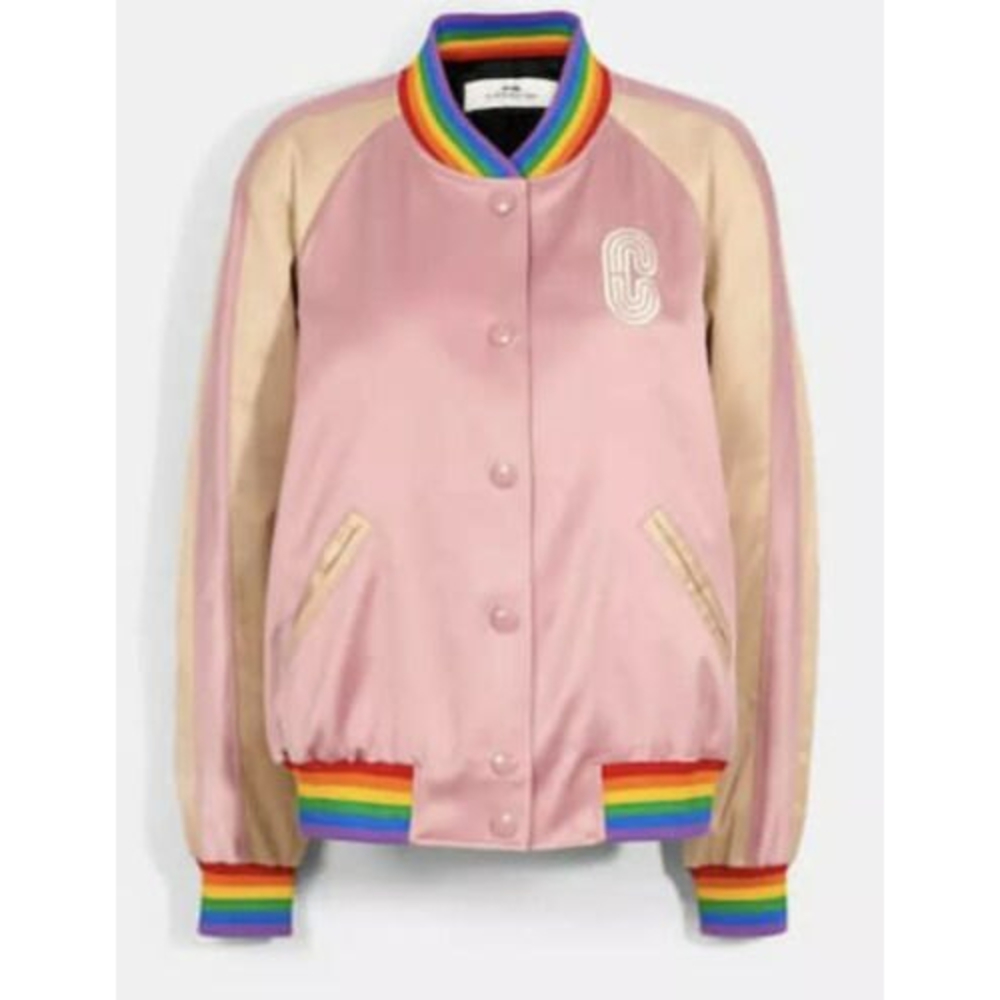 NWT COACH Horse Carriage Embroidery Rainbow Souvenir Varsity Jacket  Pink SMALL